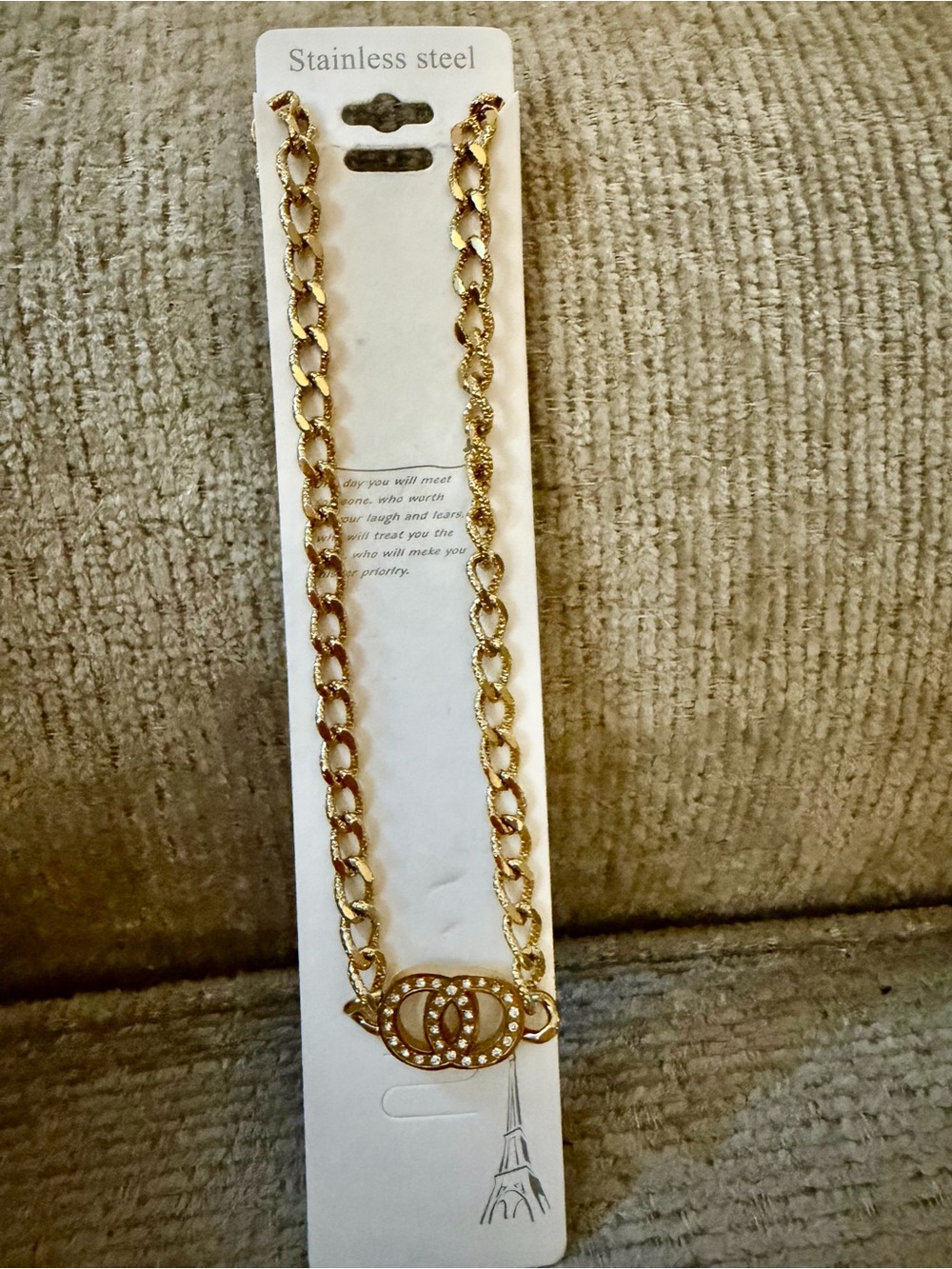 Gold Chain Necklace with Interlocking Crystal-Accent Pendant, new,